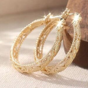 Baroque Inspired Openwork Lace Vintage Style Carved Large Hoops Golden Earrings 